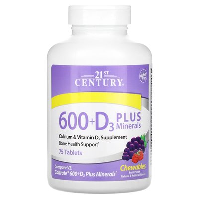 21st Century, 600 + D3 Plus minerały, Punch Fruit, 75 tabletek do żucia