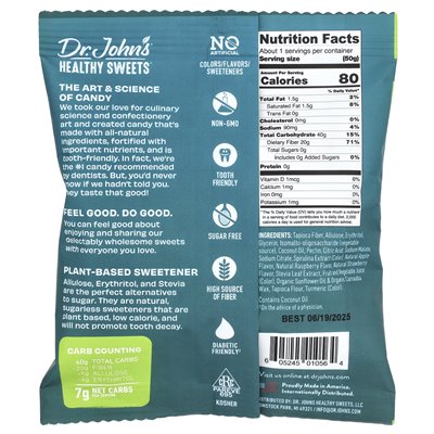 Dr. John's Healthy Sweets, Gummiquadrate, zuckerfrei, grüner Apfel, blaue Himbeere und Erdbeere, 1,8 oz (50 g)