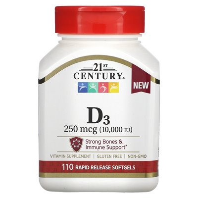 XXI wiek, witamina D3, 250 mcg (10 000 IU), 110 Soft Release Softgels