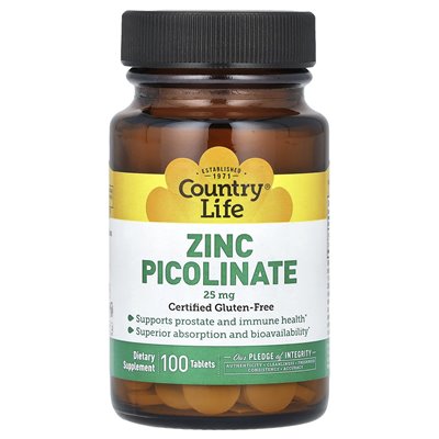 Country Life, Pikolinian cynku, 25 mg, 100 tabletek Country Life, Pikolinian cynku, 25 mg, 100 tabletek