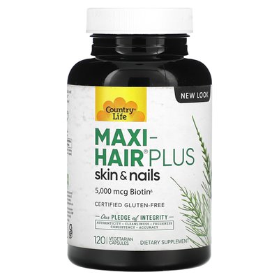 Country Life, Maxi-Hair Plus, 5000 mcg, 120 kapsułek wegetariańskich (1250 mcg na kapsułkę)