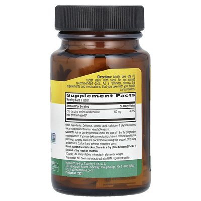 Country Life, Chelated Zinc, 50mg, 100 Tablets
