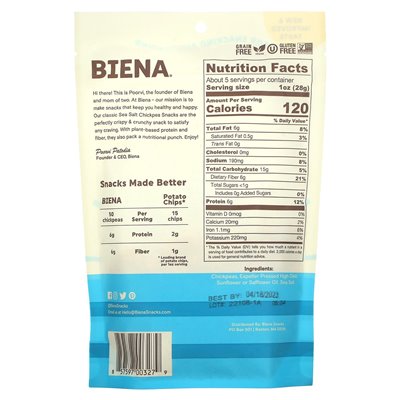 BIENA, Kichererbsen-Snacks, Meersalz, 5 oz (142 g)
