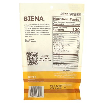 BIENA, chickpea snacks, honey, roasted, 5 oz (142 g)