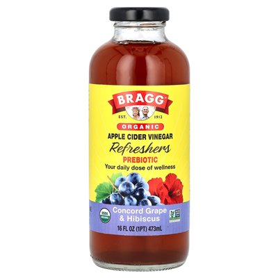Bragg, Organiczne ocet jabłek, odświeżki prebiotyczne, Concord Grape &amp Hibiscus, 16 Fl Oz (473 ml)