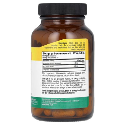 Country Life, Caps Bee Propolis, 500 mg, 100 kapsułek wegetariańskich (250 mg na kapsułkę)