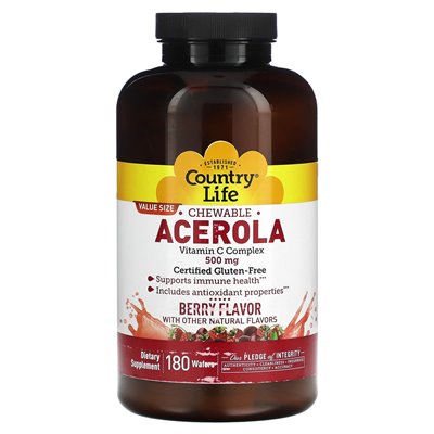 Country Life, Chewable Acerola, Vitamin C Complex, Berry, 500 mg, 180 Wafers Country Life, Chewable Acerola, Vitamin C Complex, Berry, 500 mg, 180 Wafers