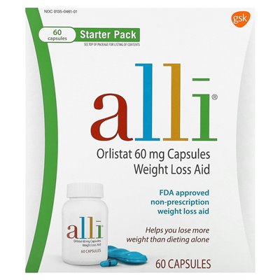 Alli, orlistat, pomoc w odchudzaniu, pakiet startowy, 60 mg, 60 kapsułek