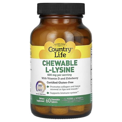 Country Life, L-Lysin zum Kauen mit Vitamin D und grünem, würzigem Orangenakzent, 600 mg, 60 Kautabletten (300 mg pro Tablette)