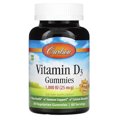 Carlson, Vitamin D3, natürliche Fruchtaromen, 25 mcg (1000 IE), 60 Gummibärchen