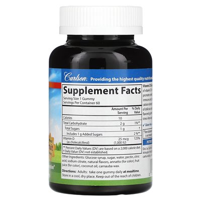Carlson, Vitamin D3, natürliche Fruchtaromen, 25 mcg (1000 IE), 60 Gummibärchen