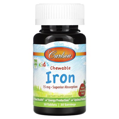 Carlson, Żelujące Żelazo Dla Dzieci, Truskawkowe, 15 mg, 30 tabletek Carlson, Żelujące Żelazo Dla Dzieci, Truskawkowe, 15 mg, 30 tabletek