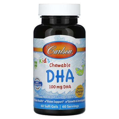 Carlson, DHA do żucia dzieci, pękająca pomarańcza, 100 mg, 60 miękkich żeli