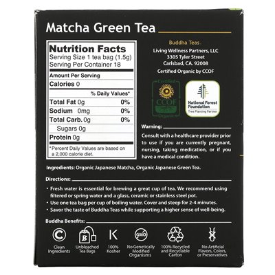 Herbaty Buddy, herbata ekologiczna, Matcha Green, 18 toreb herbaty, 0,96 uncji (27 g)