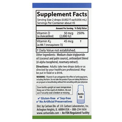 Carlson, Super Daily® D3 + K2, 50 mcg (2000 IU) and 45 mcg, 0.086 Fl Oz (2.54 mL)