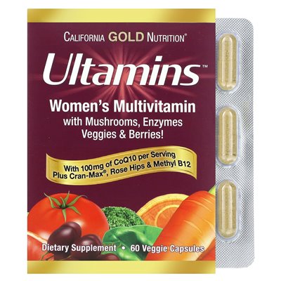 California Gold Nutrition, Ultamins Women's Multiwitamin z CoQ10, grzyby, enzymy, warzywa i jagody, 60 kapsułek warzywnych