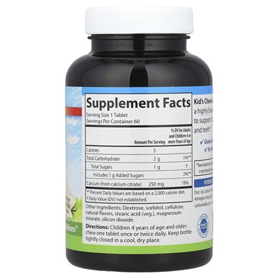 Carlson, dzieciak, wapń do żucia, naturalna wanilia, 250 mg, 60 tabletek