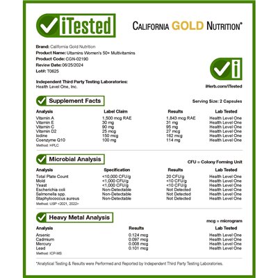 California Gold Nutrition, Ultamins Women's 50+ Multiwitamin z CoQ10, grzyby, enzymy, warzywa i jagody, 60 kapsułek warzywnych California Gold Nutrition, Ultamins Women's 50+ Multiwitamin z CoQ10, grzyby, enzymy, warzywa i jagody, 60 kapsułek warzywnych
