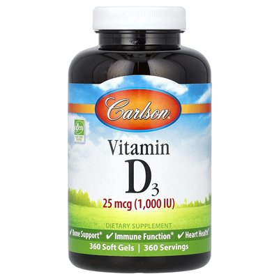 Carlson, witamina D3, 25 mcg (1000 IU), 360 miękkich żeli