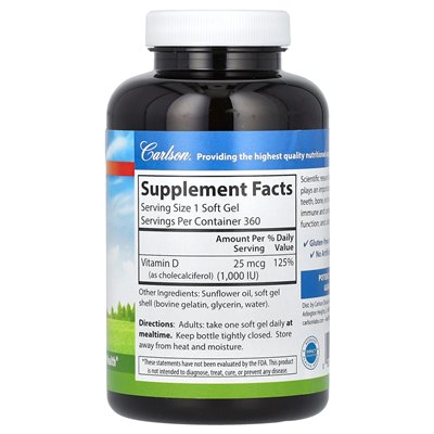 Carlson, Vitamin D3, 25 mcg (1000 IU), 360 Softgels
