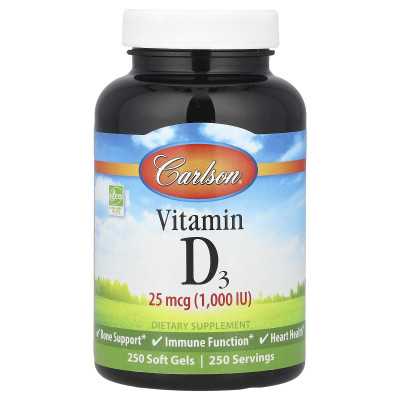 Carlson, witamina D3, 25 mcg (1000 IU), 250 miękkich żeli