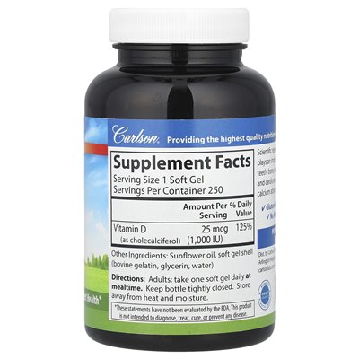 Carlson, witamina D3, 25 mcg (1000 IU), 250 miękkich żeli