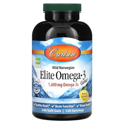 Carlson, Elite Omega 3 Jewels, natürliche Zitrone, 1600 mg, 240 Softgel-Kapseln (800 mg pro Softgel-Kapsel)