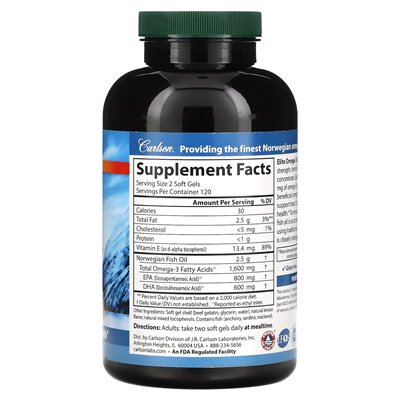 Carlson, Elite Omega 3 Jewels, natürliche Zitrone, 1600 mg, 240 Softgel-Kapseln (800 mg pro Softgel-Kapsel)