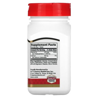 XXI wiek, witamina D3, 25 mcg (1000 IU), 300 tabletek