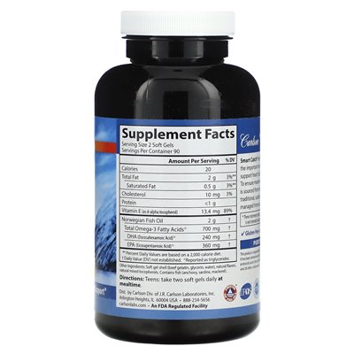 Carlson, Smart Catch, Natural Lemon, 700 mg, 180 miękkich żeli (350 mg na miękki żel)