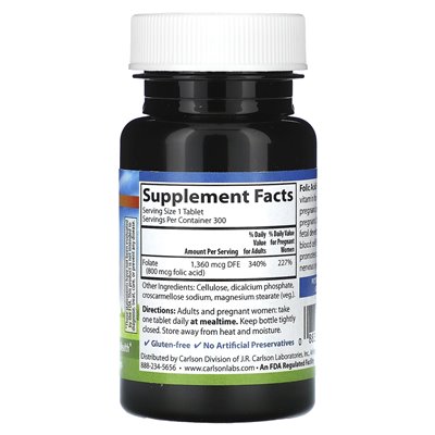 Carlson, Folic Acid, 800 mcg, 300 Vegetarian Tablets