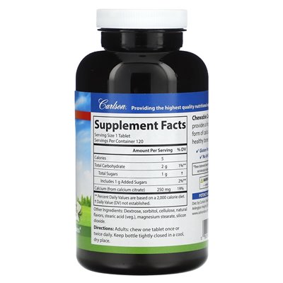 Carlson, cytrynian wapnia do żucia, naturalna wanilia, 250 mg, 120 tabletek