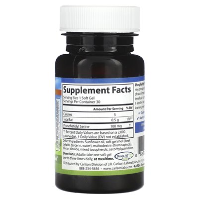 Carlson, fosfatydyl seryna, 100 mg, 30 miękkich żeli Carlson, fosfatydyl seryna, 100 mg, 30 miękkich żeli