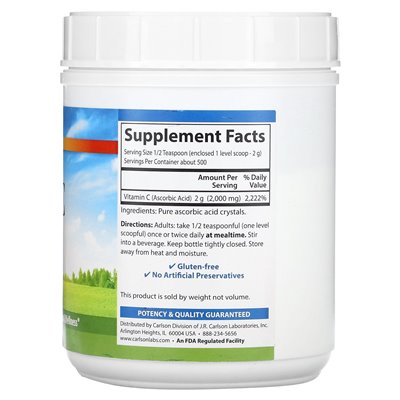 Carlson, Kryształy witaminy C, 2000 mg, 2,2 funta (1000 g)