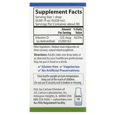 Carlson, Super Daily®, D3, 125 MCG (5000 IU), 0.086 Fl Oz (2.54 ml)