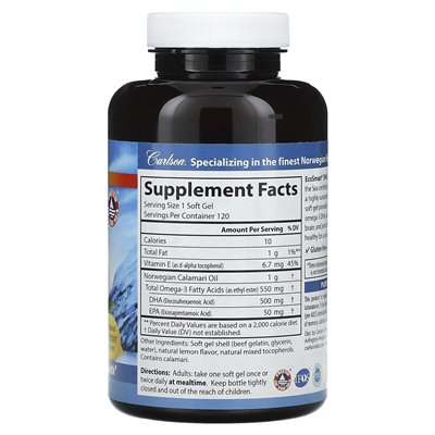 Carlson, Ecosmart DHA, naturalna cytryna, 500 mg, 120 softgels