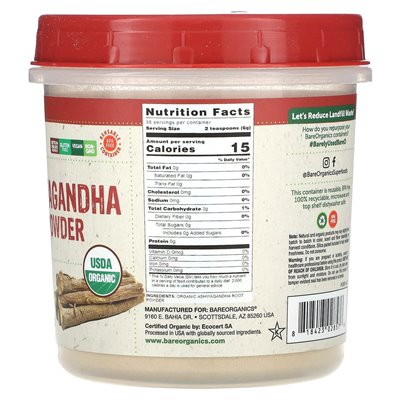 Bareorganics, Organic Ashwagandha Root Powder, 8 uncji (227 g)