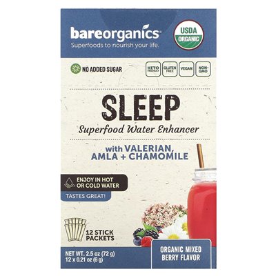 Bareorganics, Sleep, Superfood Water Enhancer, Organic Mixed Berry, 12 Packs, 0.21 oz (6 g) each