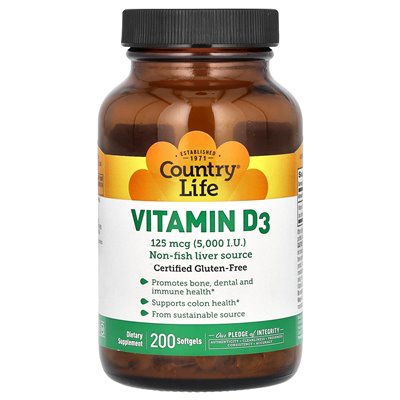 Country Life, Witamina D3, 125 MCG (5000 IU), 200 miękkich