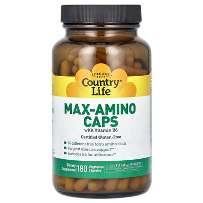 Country Life, Max-Amino Caps z witaminą B-6, 180 kapsułek wegetariańskich