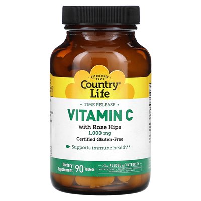 Country Life, Witamina C z Wiesiołkiem w Formie Stopniowo Uwalnianej, 1000 mg, 90 Tabletek Country Life, Witamina C z Wiesiołkiem w Formie Stopniowo Uwalnianej, 1000 mg, 90 Tabletek
