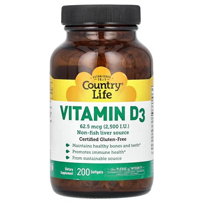 Country Life, Vitamin D3, 62,5 mcg (2500 IE), 200 weiche
