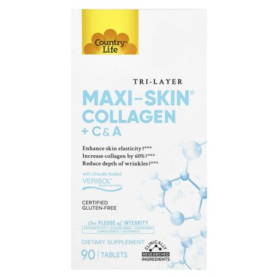 Country Life, Trilayer Maxi-Skóra Kolagen + C & A, 90 Tabletek
