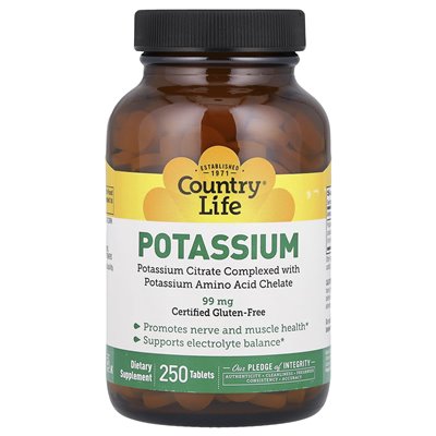 Country Life, Potas, 99 mg, 250 tabletek Country Life, Potas, 99 mg, 250 tabletek