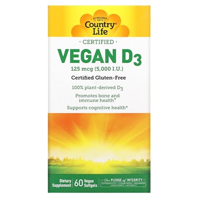 Country Life, Certified Vegan D3, 125 MCG (5000 IU), 60 vegan softgels