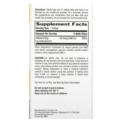 Country Life, Certified Vegan D3, 125 MCG (5000 IU), 60 vegan softgels