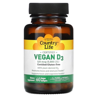 Country Life, Certified Vegan D3, 125 MCG (5000 IU), 60 vegan softgels