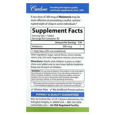Carlson, Melatonin, Natural Strawberry Lemon, 300 mcg, 30 tabletek