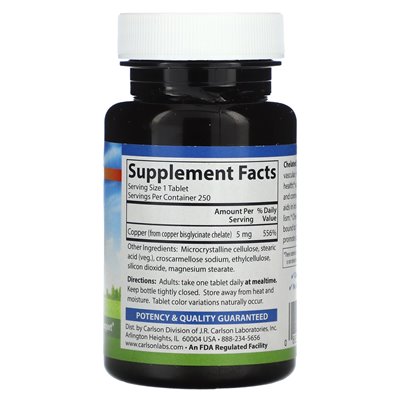 Carlson, Chelatisiertes Kupfer, 5 mg, 250 Tabletten