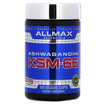 Allmax, Essentials, Ashwagandha KSM-66, 600 mg, 60 czapek warzywnych (300 mg na kapsułkę)